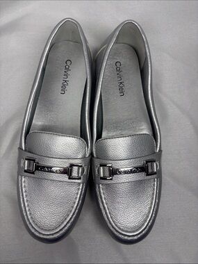 Calvin Klein Metallic Silver Leather Loafers with Logo Bit